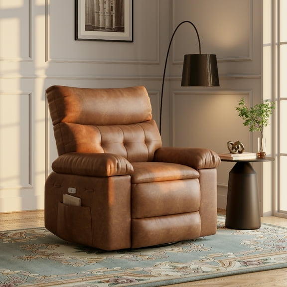 Yiwa Manual Recliner Chair for Living Room, 360 Degree Swivel Massage Recliner Chair with Remote Control, PU Leather Lounge Chair with Side Pocket, Wide Single Sofa Seat