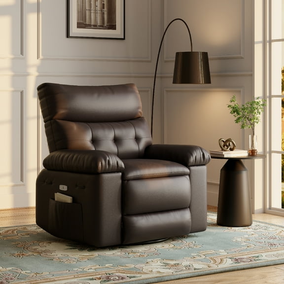 Yiwa Manual Recliner Chair for Living Room, 360 Degree Swivel Massage Recliner Chair with Remote Control, PU Leather Lounge Chair with Side Pocket, Wide Single Sofa Seat