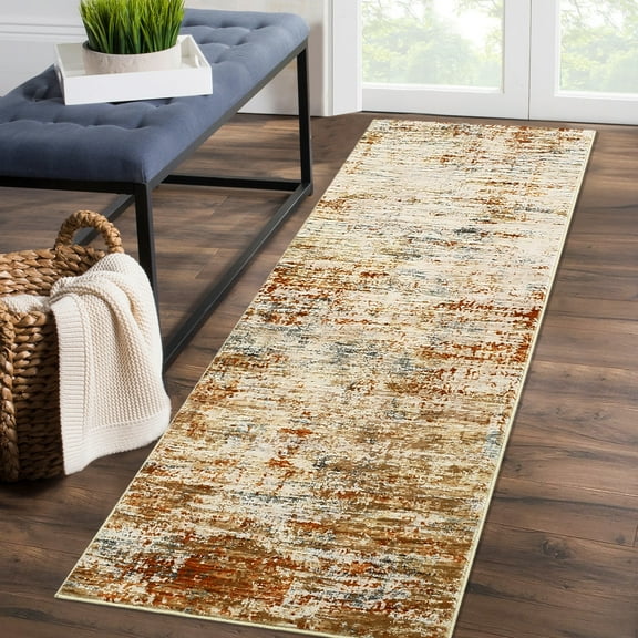Yiwa Modern Abstract Runner Rugs 2' x 6' Contemporary Washable Non-Slip Low Pile Indoor Throw Covers Non-Shedding Foldable Hallway Carpet (Orange/Brown)