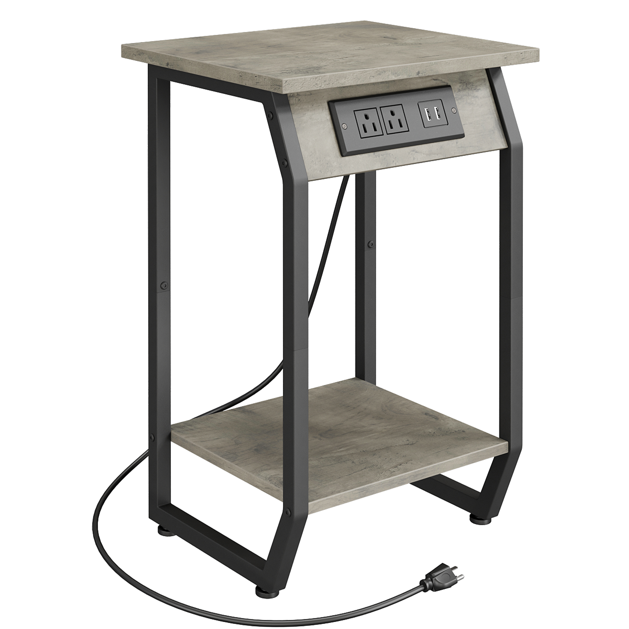 Yiwa Modern Farmhouse Side Table, Nightstand with Charging, Grey End