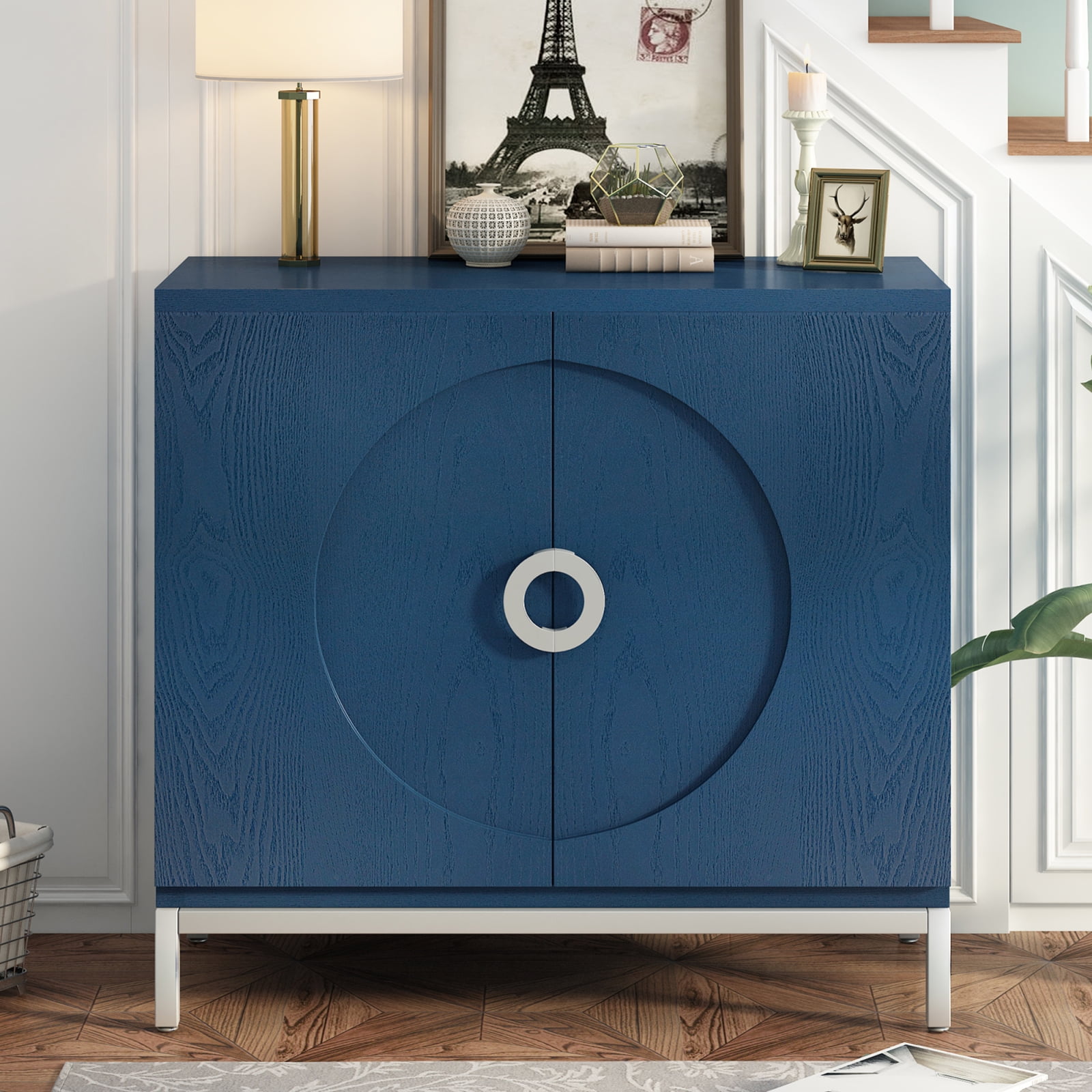 Yiwa Navy Blue Kitchen Storage Cabinets With Solid Wood Veneer & Metal ...
