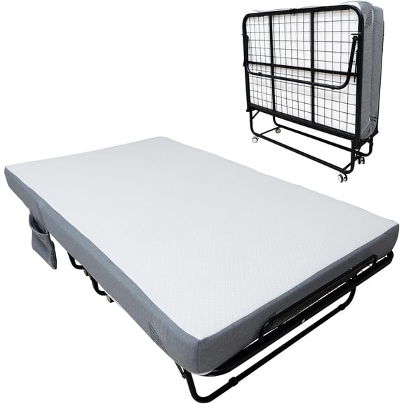 Yiwa Portable 75"x45" Rollaway Folding Bed with 6" Memory Foam Mattress – 450 lbs Capacity, Locking Wheels & Side Pocket, Compact Guest Bed for Home, Dorm, Office