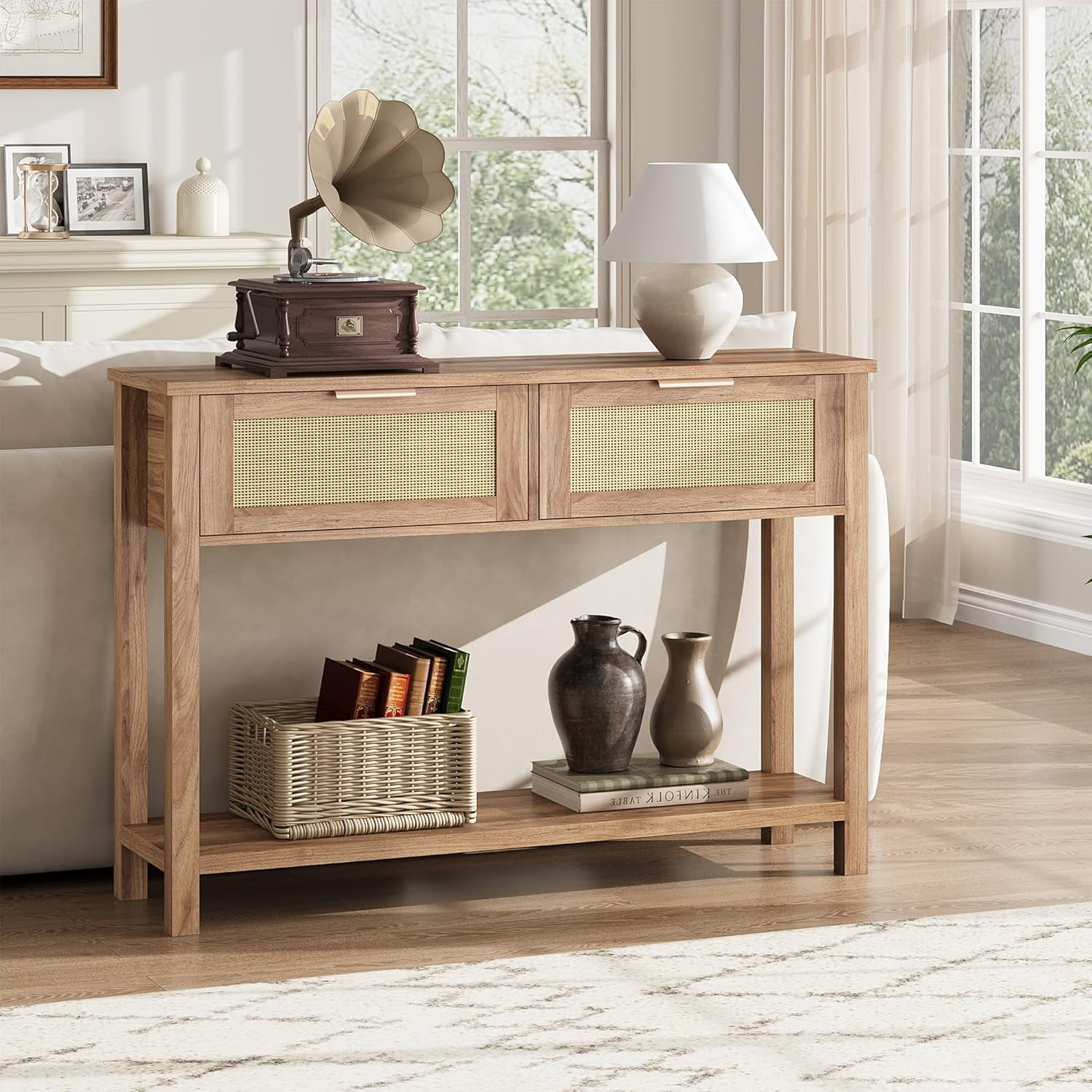Yiwa Rattan Entryway Console Table with 2 Drawers and Storage Shelf Natural Wood Sofa Table for Living Room Bedroom