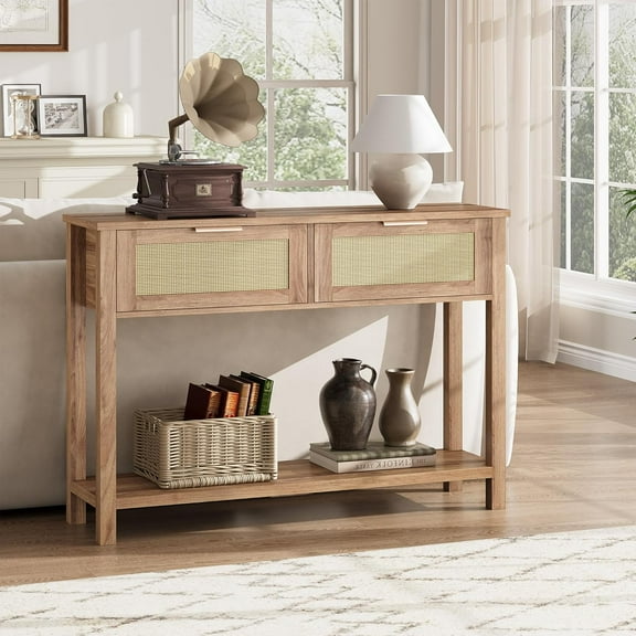 Yiwa Rattan Entryway Console Table with 2 Drawers and Storage Shelf, Natural Wood Sofa Table for Living Room Bedroom
