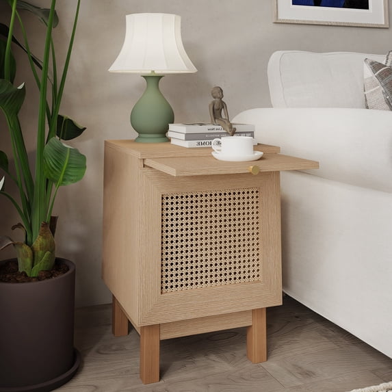 Yiwa Modern Rattan Nightstand with Extension Leaf, Bedside Table for Living Room Bedroom
