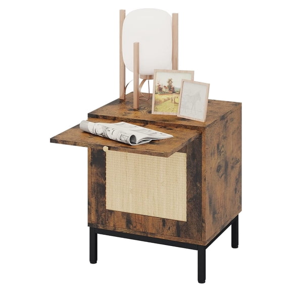 Yiwa Rattan Nightstand2, Modern Wood End Table with Extra Tray for Bedroom, Entryway, Living Room, Home Office(Black/Brown)