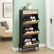 Yiwa Rustic 3-Flip Freestanding Shoe Rack with 1 Drawer, Wood Shoe Cabinet Organizer
