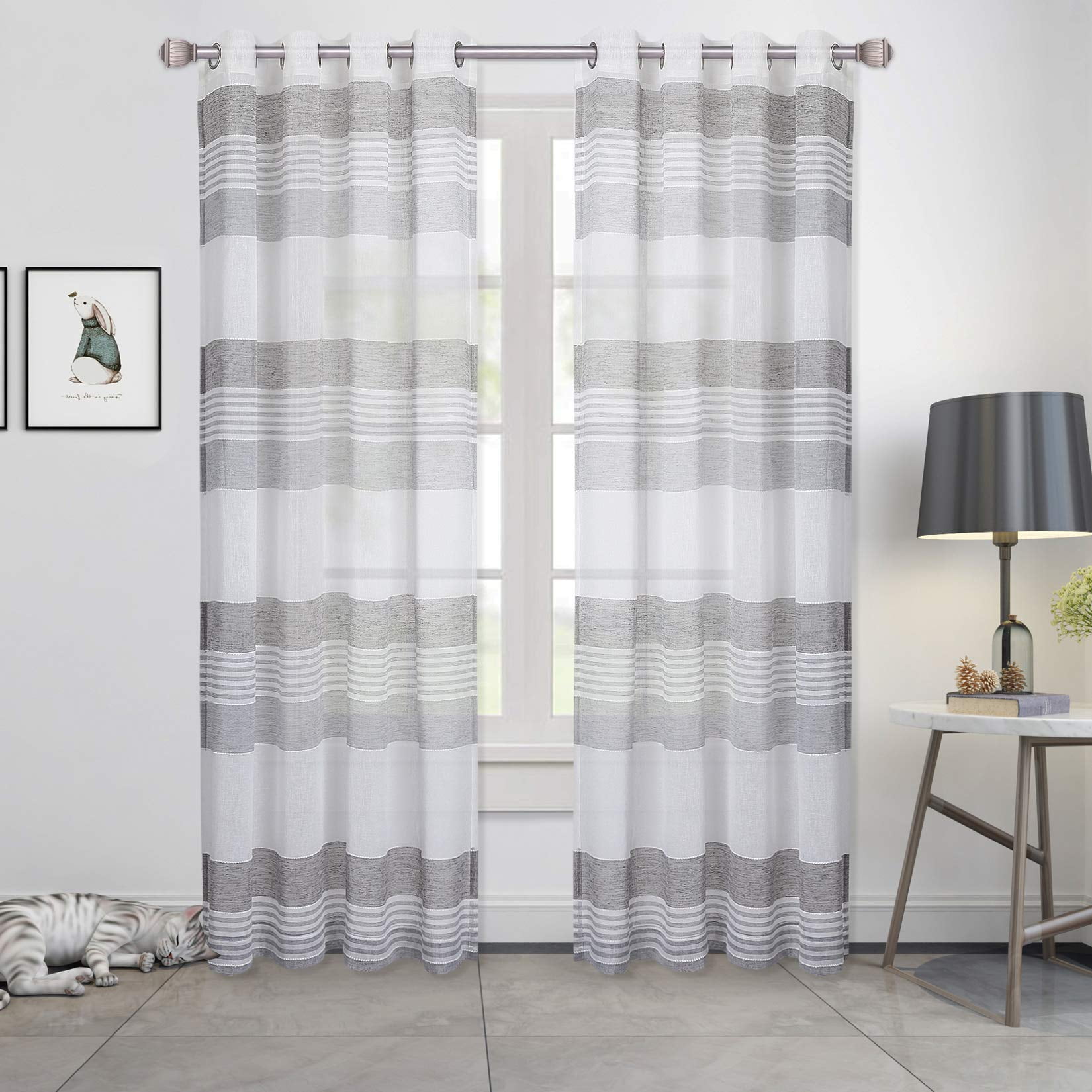 Yiwa Sheer Curtains, Room Decorative Splicing Stripe Voile Grommet ...