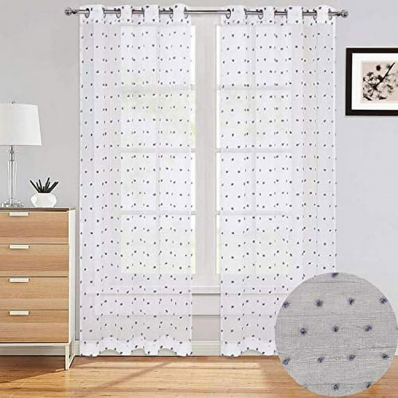 Yiwa Sheer Window Curtains for Kids Nursery Room, Jacquard Voile Curtains with Pom Design, Faux Linen Textured Solid Grommet Sheer Curtains, 52 x 95inch,Dark Grey, 2 Panels