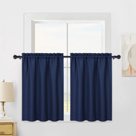 Yiwa Short Curtains for Bedroom, Waffle Weave Rod Pocket Kitchen Curtain (Navy, 30" x 30", 2 Packs)