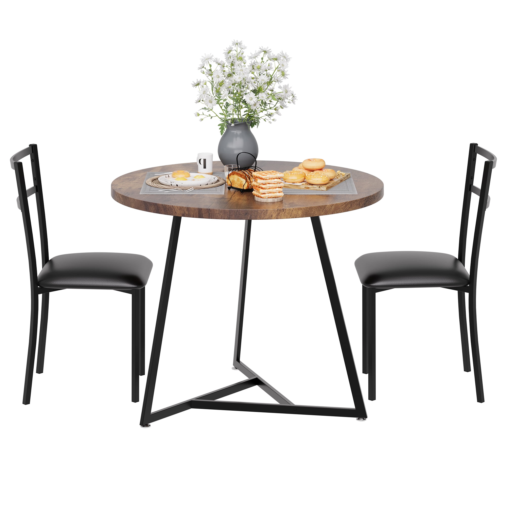 Yiwa Small Round Dining Table Sets for 2, Wood Marbled Tabletop with
