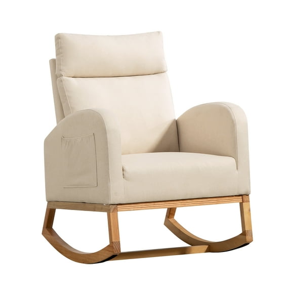 Yiwa Upholstered Rocking Chair with Rubber Wood Legs, Comfy High Backrest, Side Pockets, Armchair for Living Room Bedroom Office(Beige)