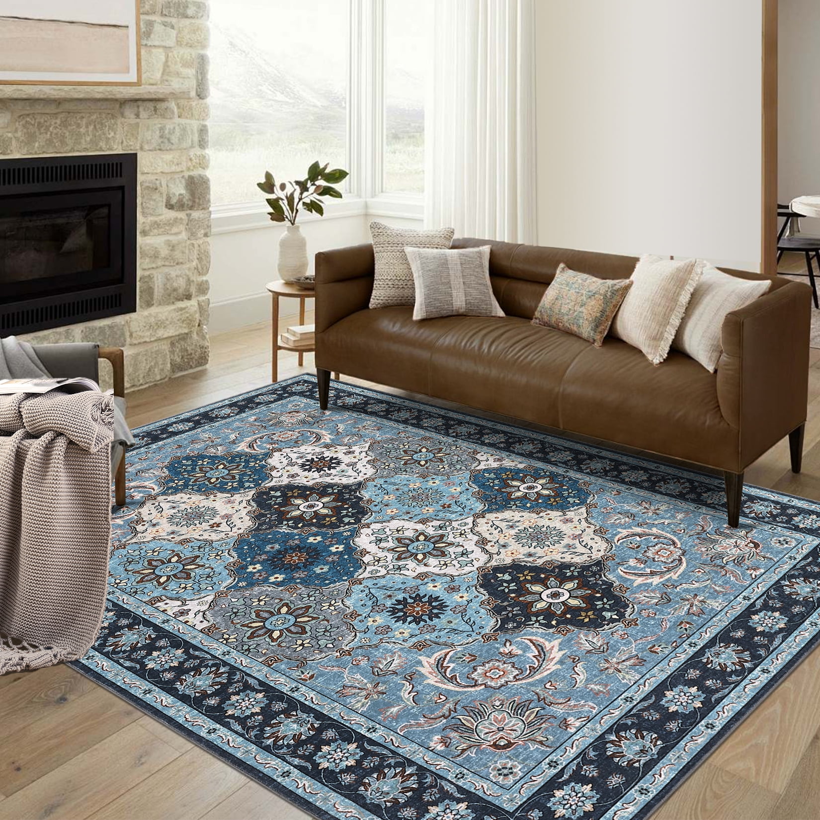 Blue Floral Chenille Washable Non-Slip 8' x 10' Area Rug
