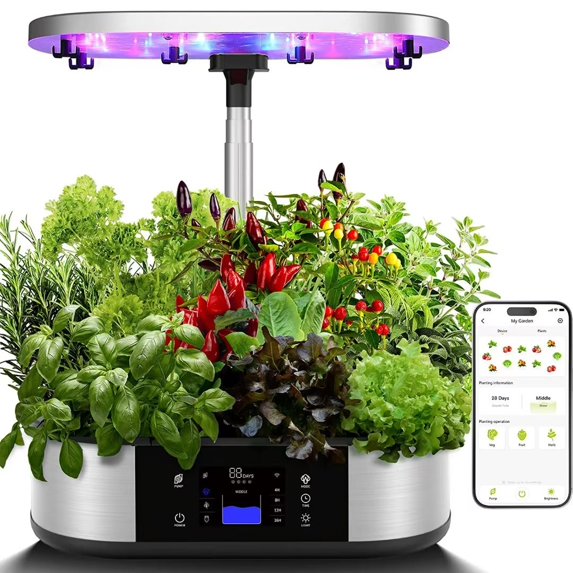 Yiwa WiFi 12 Pods Hydroponics Growing System with APP Controlled, Indoor Garden up to 30" with 30W 120 LED Grow Light, Silent Pump System, Automatic Timer, GS1 Basic