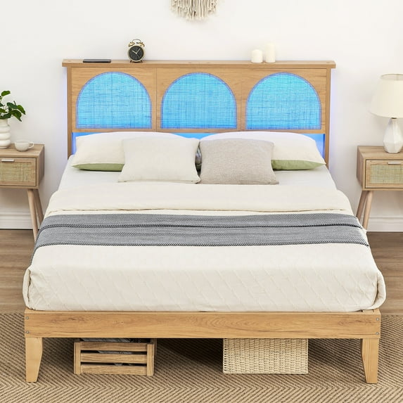 Yiwa Wooden Platform Bed with Natural Rattan LED Headboard, Metal Frame and Wood Slat, No Box Spring Needed