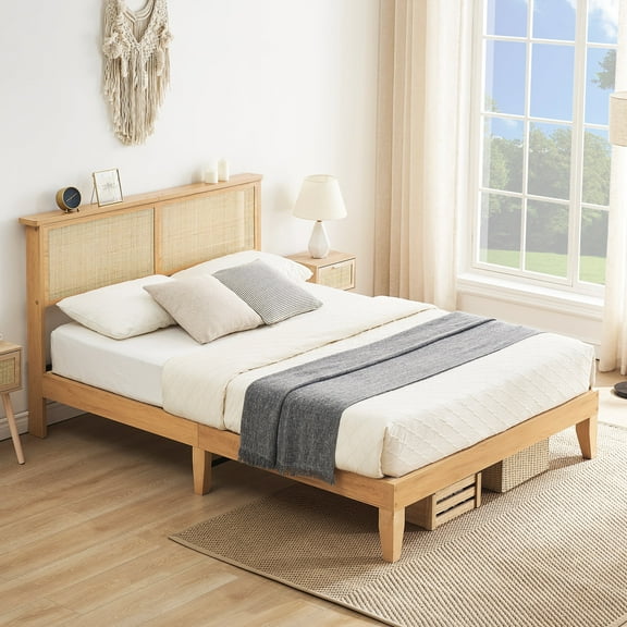 Yiwa Wooden Platform Bed with Natural Rattan LED Headboard, Metal Frame and Wood Slat, No Box Spring Needed