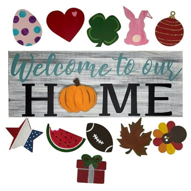 Interchangeable Wall Leaning Welcome Sign with 8 Magnetic Season Icons ...
