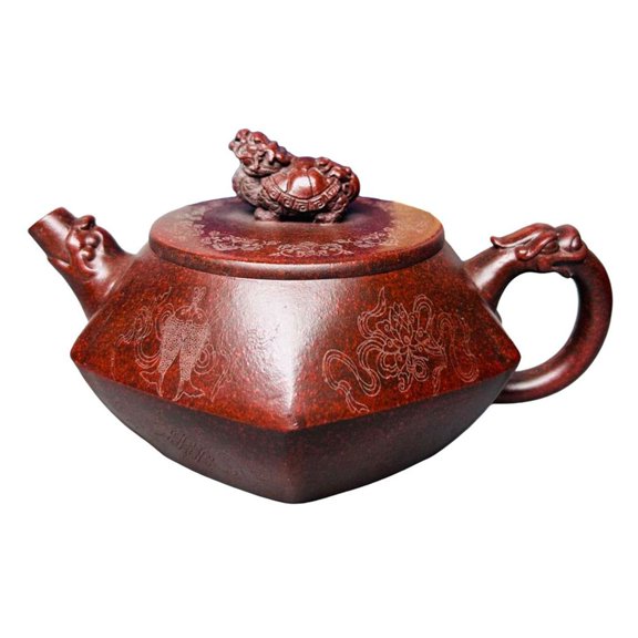 Yixing Clay Teapot Auction Oolong Tea Vintage Set Dragon Turtle Finial Hexagonal Body Head Spout Handle Phoenix Motif Relief
