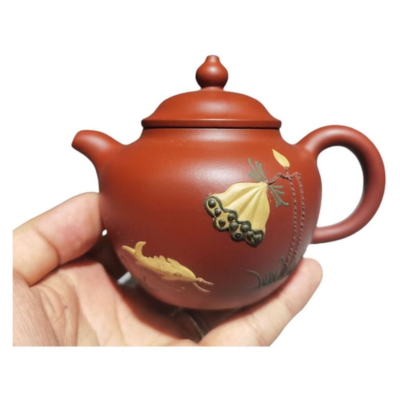 Yixing Clay Teapot Decor Carving Nice Gilded Lotus Fish Raised Painted Palace Lantern Style Rare