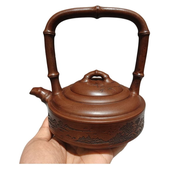 Yixing Clay Teapot Unique Pu-Erh Pot Carved Embossed Engraved Wood Grain Realistic Bamboo Handle Motif Beam Segment Landscape