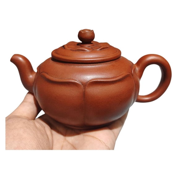 Yixing Clay Teapot Unique Pu-Erh Pot Carved Sculpted Textured Ribbed Symmetrical Round Petal Lotus Floral Pattern Gift