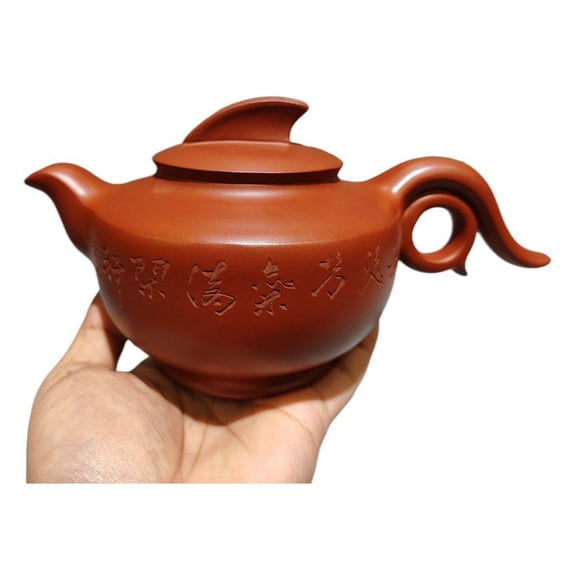 Yixing Clay Teapot Unique Pu-Erh Pot Engraved Calligraphy Seal Engraving Bamboo Motif Carved Script Round Bodied Swirling Loop