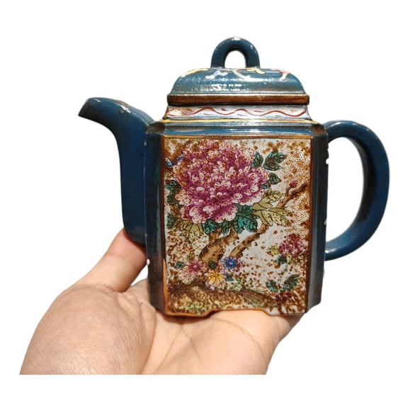 Yixing Clay Teapot Unique Pu-Erh Pot Floral Decorated Painted Multi Colored Botanical Square Shaped Tall High Form Vessel Ware