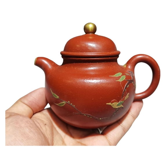 Yixing Clay Teapot Unique Pu-Erh Pot Gilded Painted Gold Accented Bird Motif Flower Pattern Calligraphic Decorative Detail