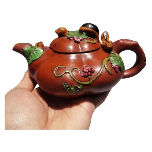 Yixing Clay Teapot Unique Pu-Erh Pot Lifelike Sculpted D Bionic Squirrel Grape Vine Decorative Vessel Calligraphy