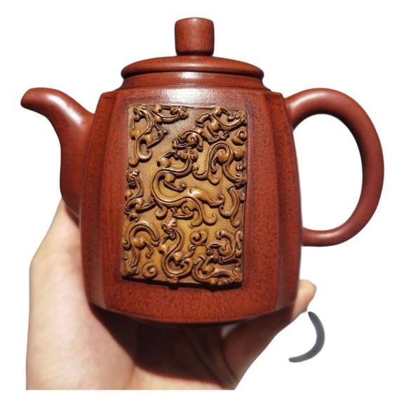 Yixing Clay Teapot Unique Pu-Erh Pot Loong Dragon Relief Carved Embossed Designed Two Tone Detail Crafted Square Angled Four