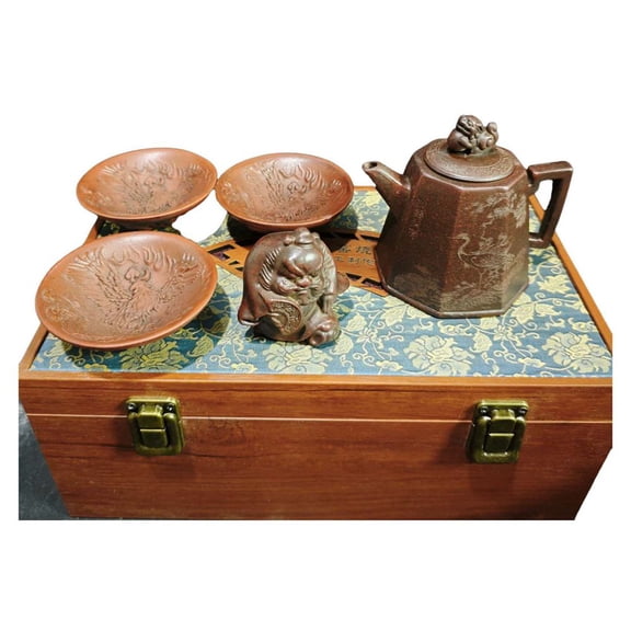 Yixing Clay Teapot Unique Pu Erh Purple Ornament Hexagonal Phoenix Crane Mythical Beast Fortune God Longevity Engraved Sculpted