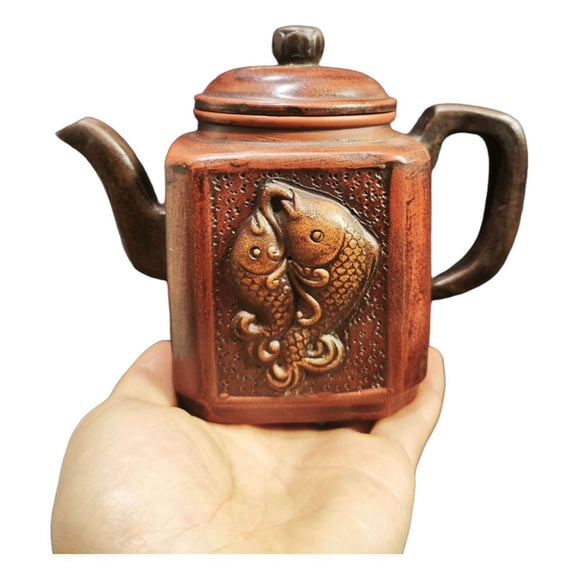 Yixing Clay Teapot Unique Pu Erh Purple Ornament Hexagonal Six Sided Fish Twin Motif Relief Embossed Prosperity Shape Form Art