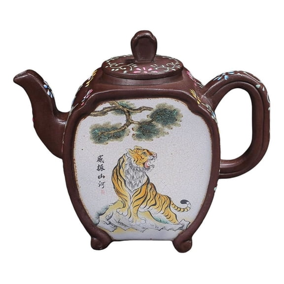 Yixing Clay Teapot Unique Pu Erh Purple Ornament Painted Calligraphy Crackled Decorated Square Bodied Footed Block Shaped