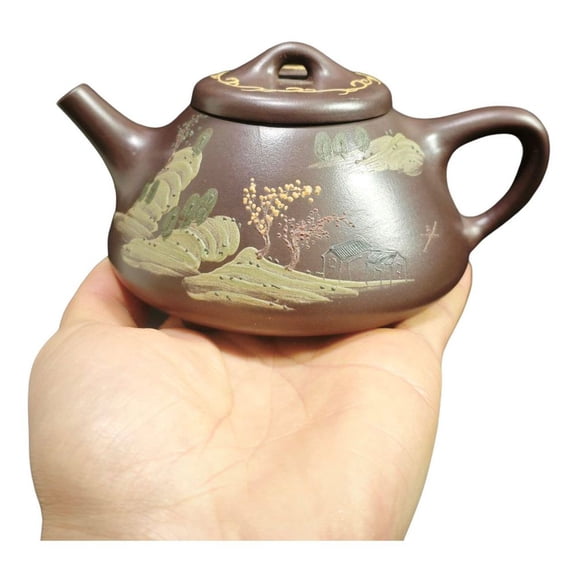 Yixing Clay Teapot Unique Pu Erh Purple Ornament Painted Stone Dipper Vessel Landscape Scenic Calligraphy Cottage Statue