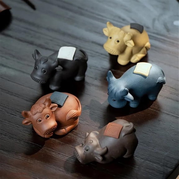 Yixing Purple Clay Tea Pet 5 Pcs/set Chinese Lucky Cattle Statue Handmade Tea Figurine Crafts Tea Set