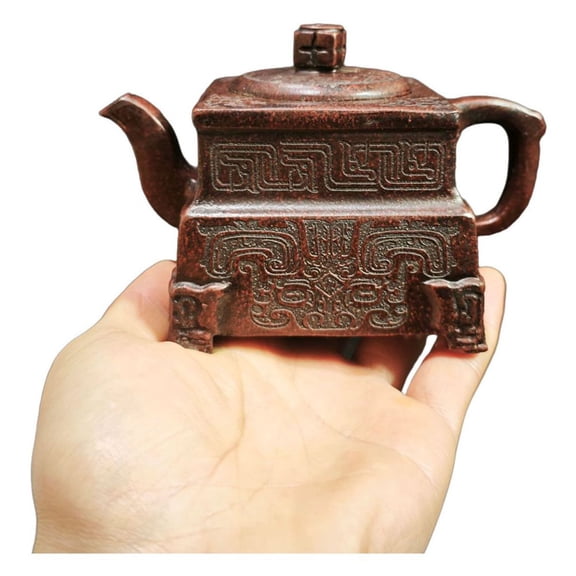 Yixing Purple Clay Teapot Hand Coiled Antique Replicate Gongfu Carved Beast Face Engraved Seal Script Stamped Square Shaped Four