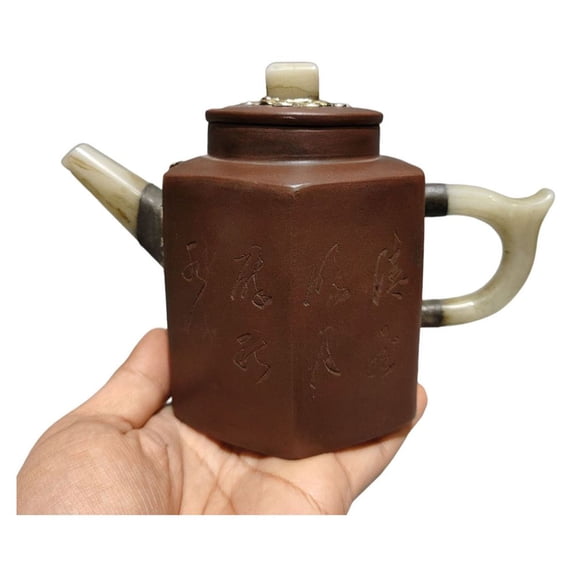 Yixing Purple Clay Teapot Hand-Coiled Auction Oolong Tea Silver Filigree Jade Inlaid Hexagonal Six Sided Calligraphy Engraved