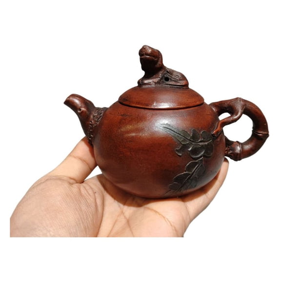 Yixing Purple Clay Teapot Hand-Coiled Collectible Asian Carved Sculpted Crafted Foo Dog Guardian Lion Tree Branch Twig Wood
