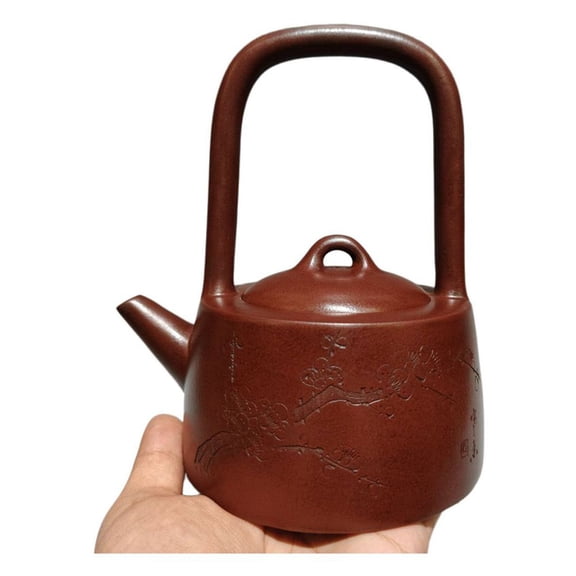 Yixing Purple Clay Teapot Hand-Coiled Collectible Asian Plum Blossom Carved Calligraphy Seal Script Bell Shaped Arched Handle