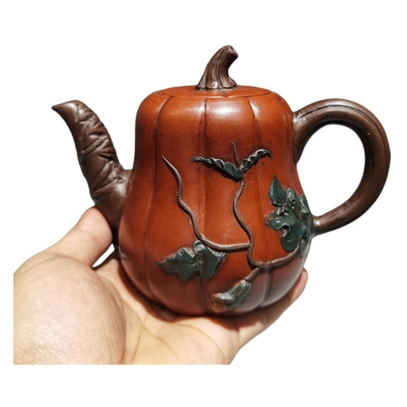 Yixing Purple Clay Teapot Hand-Coiled Collectible Asian Pumpkin Carved Shaped Sculpted Embossed Incised Handcrafted Decorative
