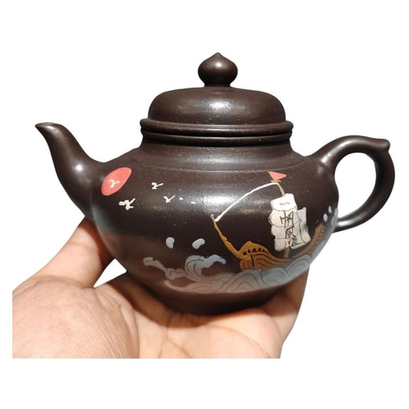 Yixing Purple Clay Teapot Hand-Coiled Collectible Asian Sailboat Motif Ocean Wave Art Flying Bird Accent Painted Design Xiaoying