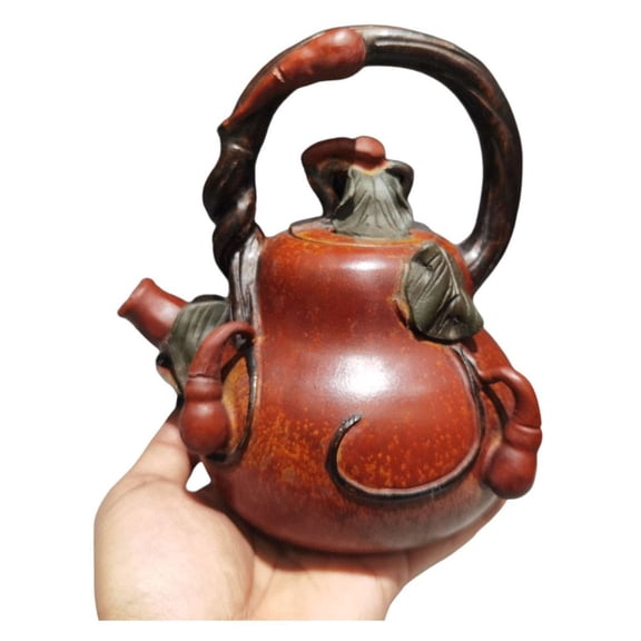 Yixing Purple Clay Teapot Hand-Coiled Collectible Asian Sculpted Relief Embossed Vine Leaf Gourd Shaped Loop Handle Twisted