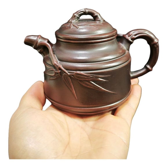 Yixing Purple Clay Teapot Hand Coiled Yellow Tea Sand Fired Oriental Teaware Set Bamboo Joint Branch Stem Relief Carved Ribbed