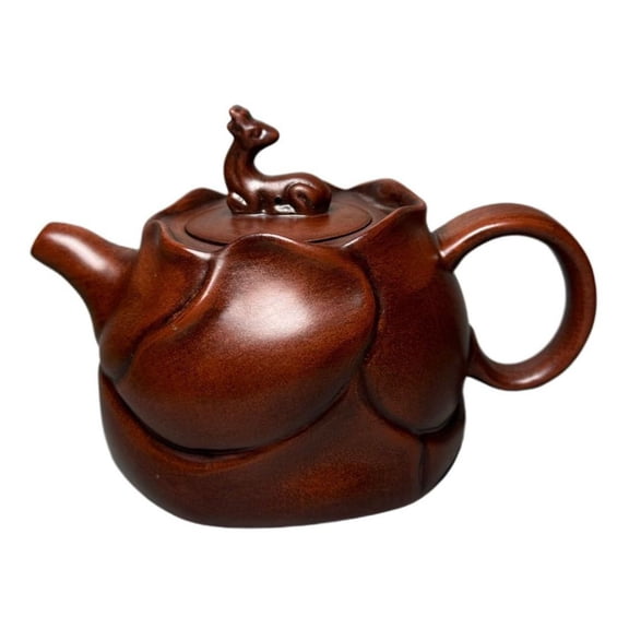 Yixing Purple Clay Teapot Hand Coiled Yellow Tea Sand Fired Oriental Teaware Set D Lotus Deer Carving Relief Floral Engraving