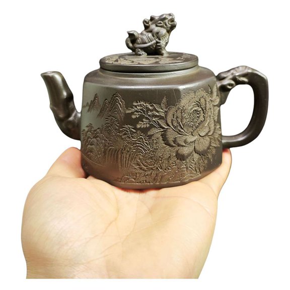 Yixing Purple Teapot Ceremony Drainer For Set Relief Embossed Dragon Turtle Squirrel Peony Hexagonal Geometric Six Sided