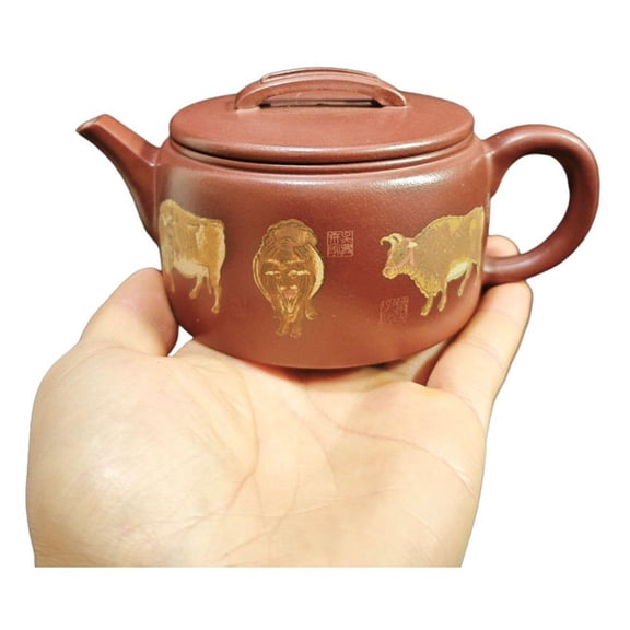 Yixing Purple Teapot Dark Tea Chinese Zisha Clay Dragon Han Wa Gilded Engraved Pattern Cylindrical Round Classic Smooth