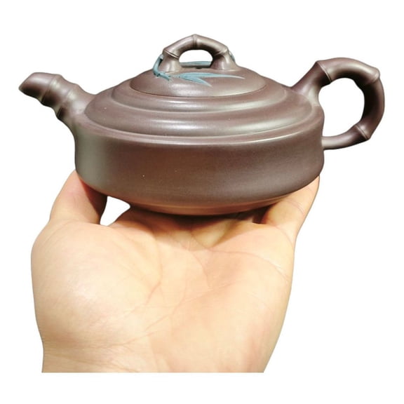 Yixing Purple Teapot Green Gongfu Cup Bundle Bamboo Joint Leaf Biomorphic Disc Shaped Low Profile Embossed Sculpted Carved