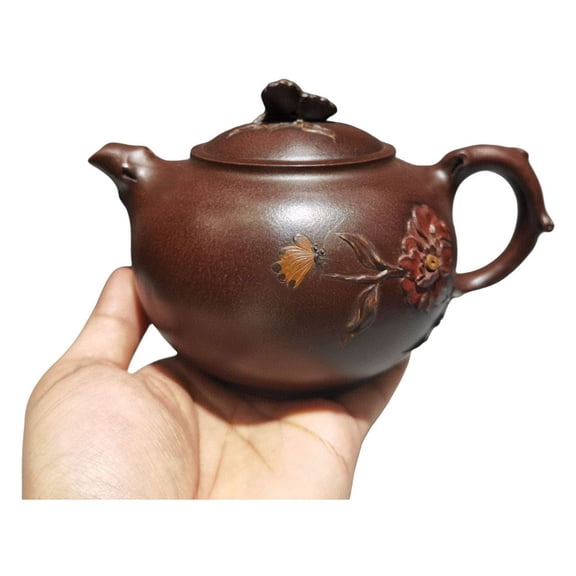 Yixing Purple Teapot Kettle Ceramic Butterfly Themed Painted Lid Sculpted Round Shaped Relief Carved Peony Motif Floral