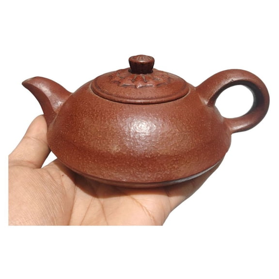 Yixing Purple Teapot Kettle Ceramic Carved Artisan Sculpted Petal Floral Relief Elegant Impression Flat Round Calligraphy