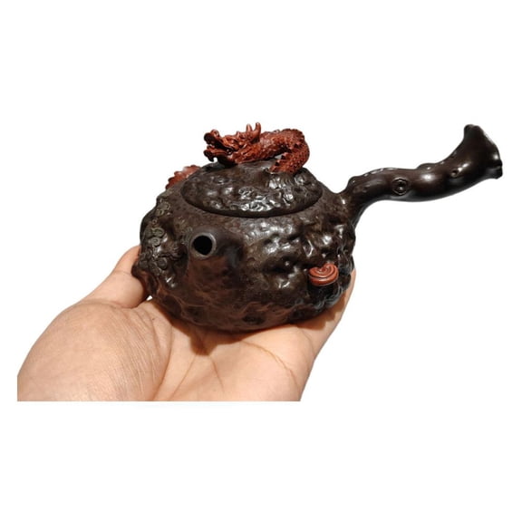 Yixing Purple Teapot Kettle Ceramic Dragon Patterned Carved Textured Burl Shaped Side Handled Two Tone Gnarled Sculpture